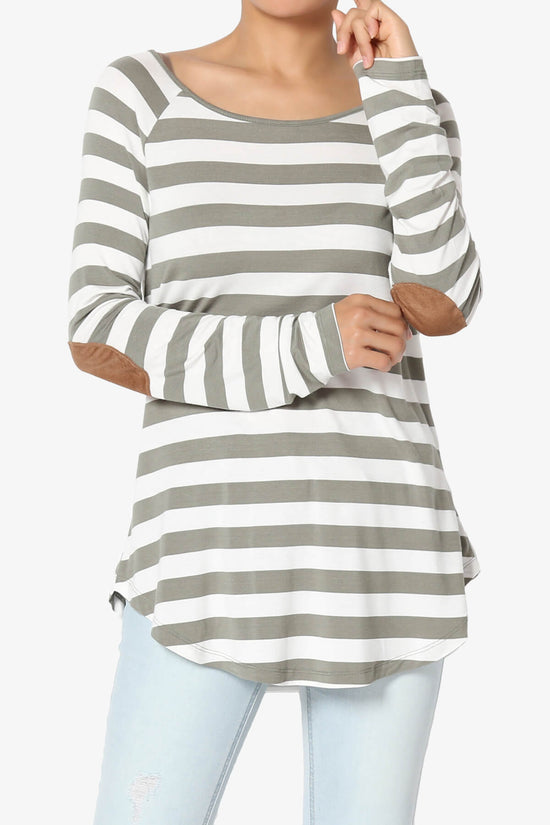 Load image into Gallery viewer, Laverne Striped Elbow Patch Boat Neck Top DUSTY OLIVE_1
