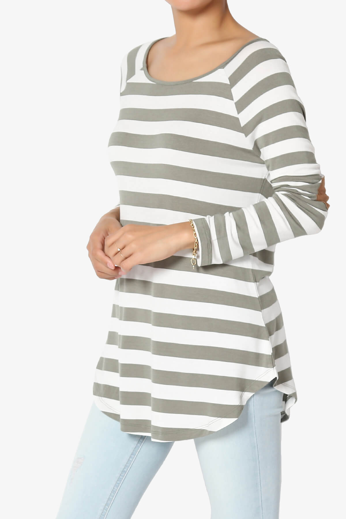 Load image into Gallery viewer, Laverne Striped Elbow Patch Boat Neck Top DUSTY OLIVE_3

