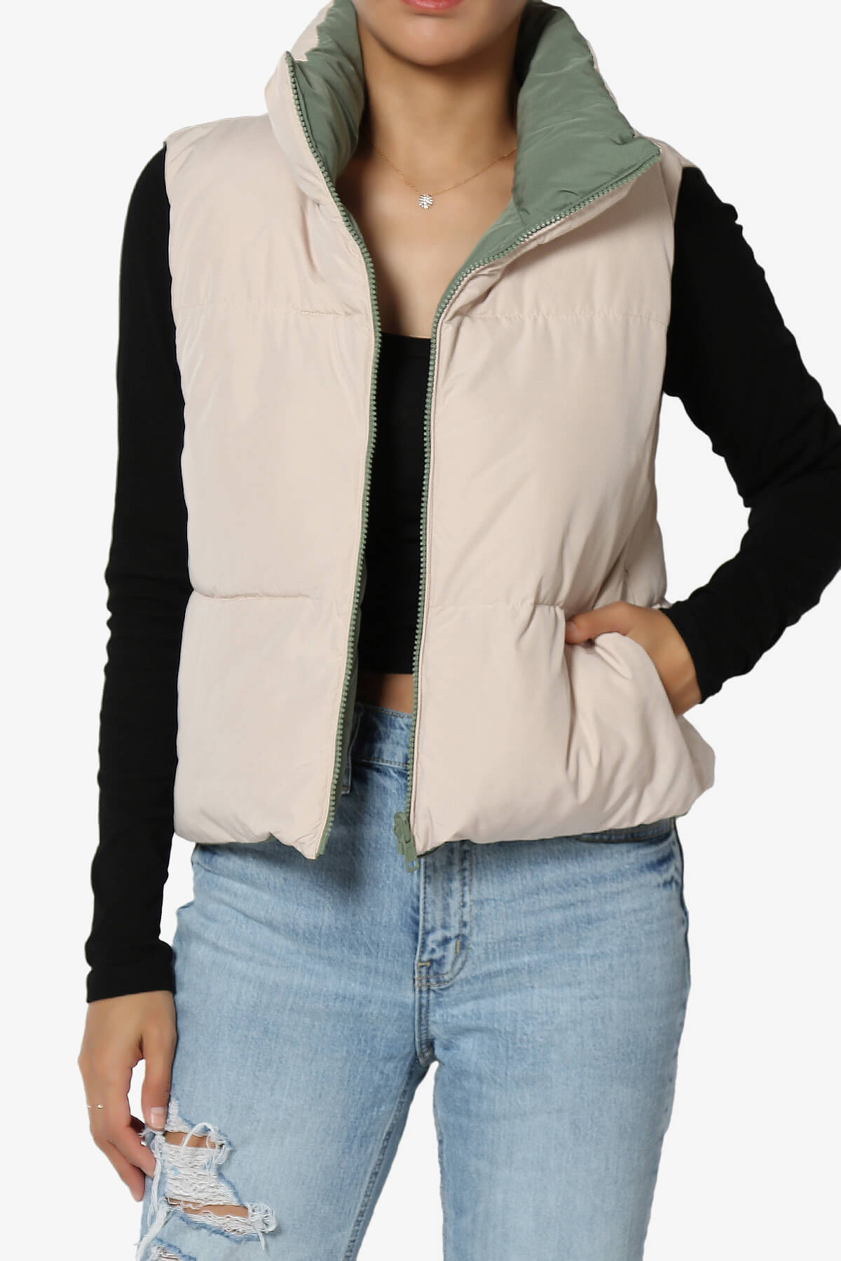 Load image into Gallery viewer, Legaci Reversible Puffer Vest OLIVE AND BEIGE_6

