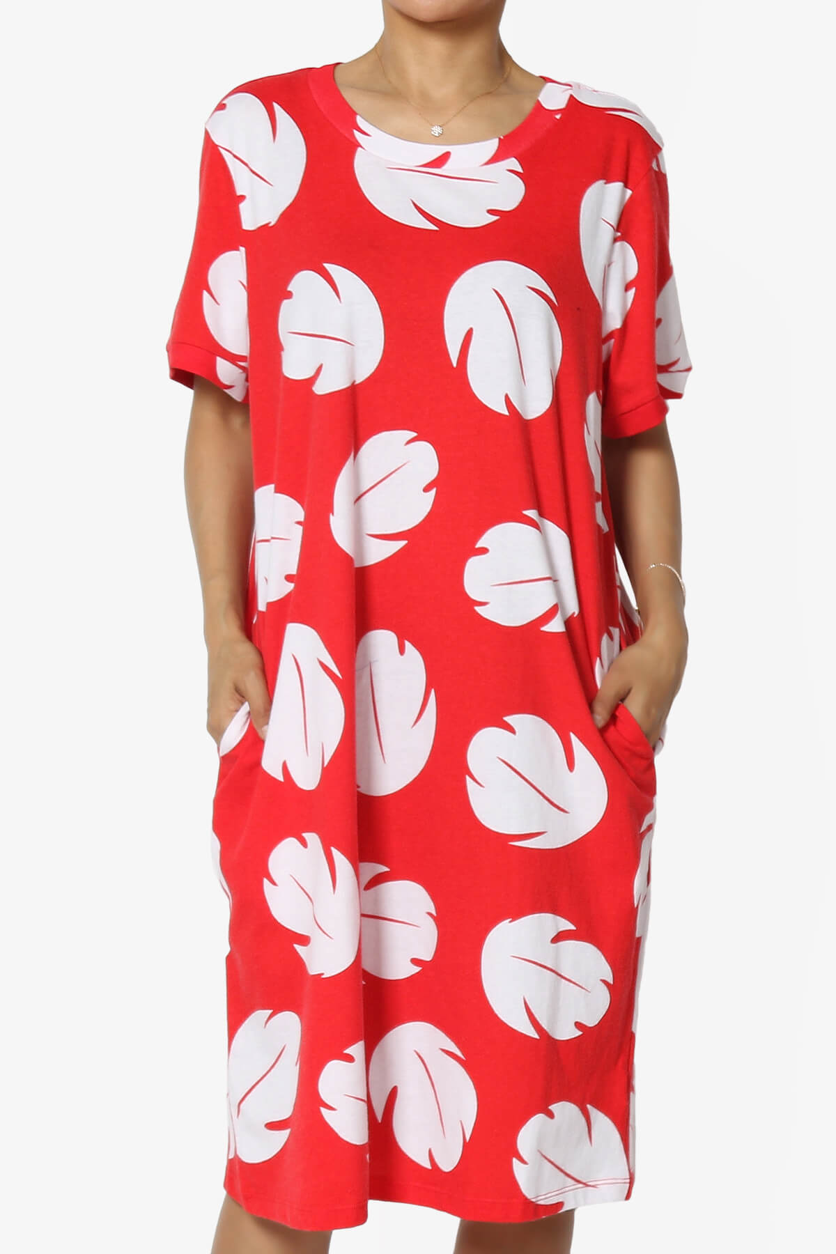 Lilo Disneybound Leaves Print T-Shirt Dress RED_1