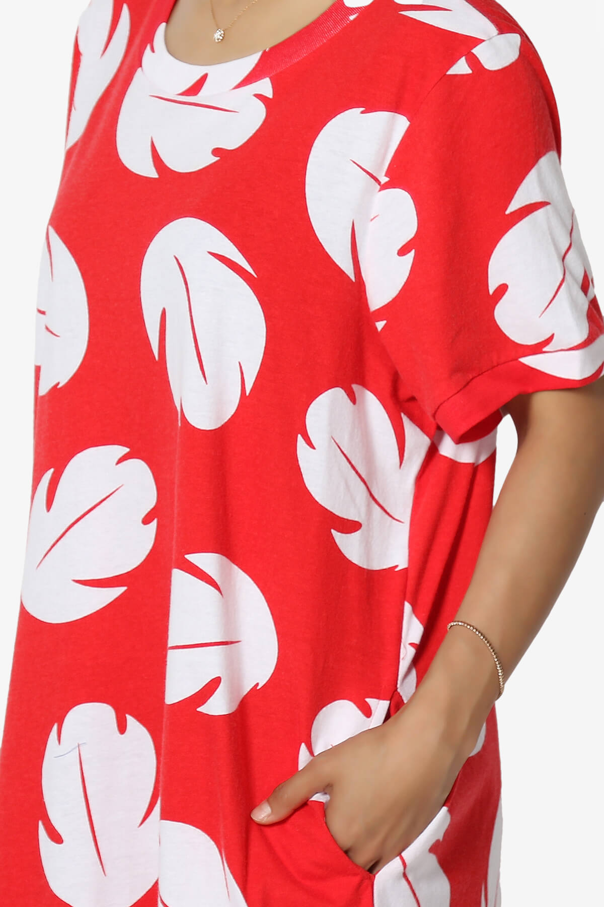 Lilo Disneybound Leaves Print T-Shirt Dress RED_5