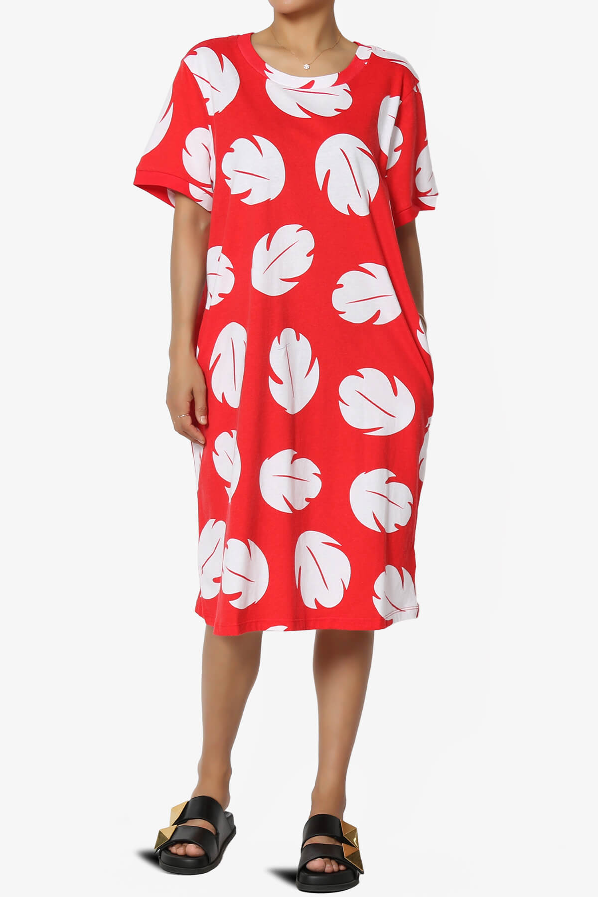 Lilo Disneybound Leaves Print T-Shirt Dress RED_6