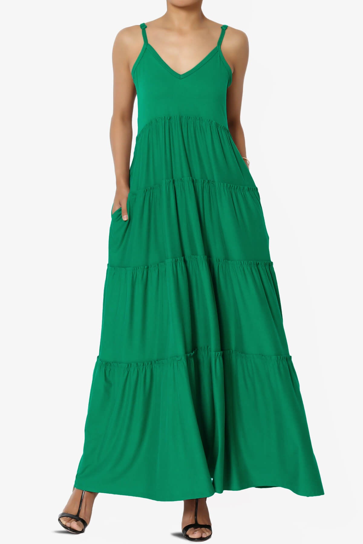 Load image into Gallery viewer, Livvy V-Neck Tiered Cami Maxi Dress KELLY GREEN_1

