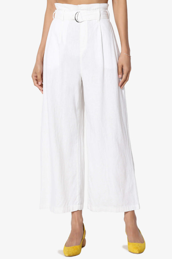 Belted High Rise Linen-Blend Wide Leg Culotte Crop Pants