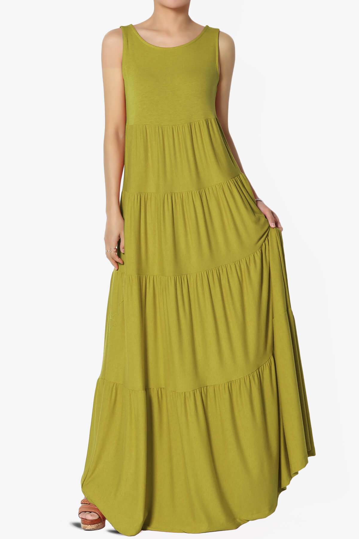 Macie Sleeveless Tiered Long Maxi Dress OLIVE MUSTARD_1