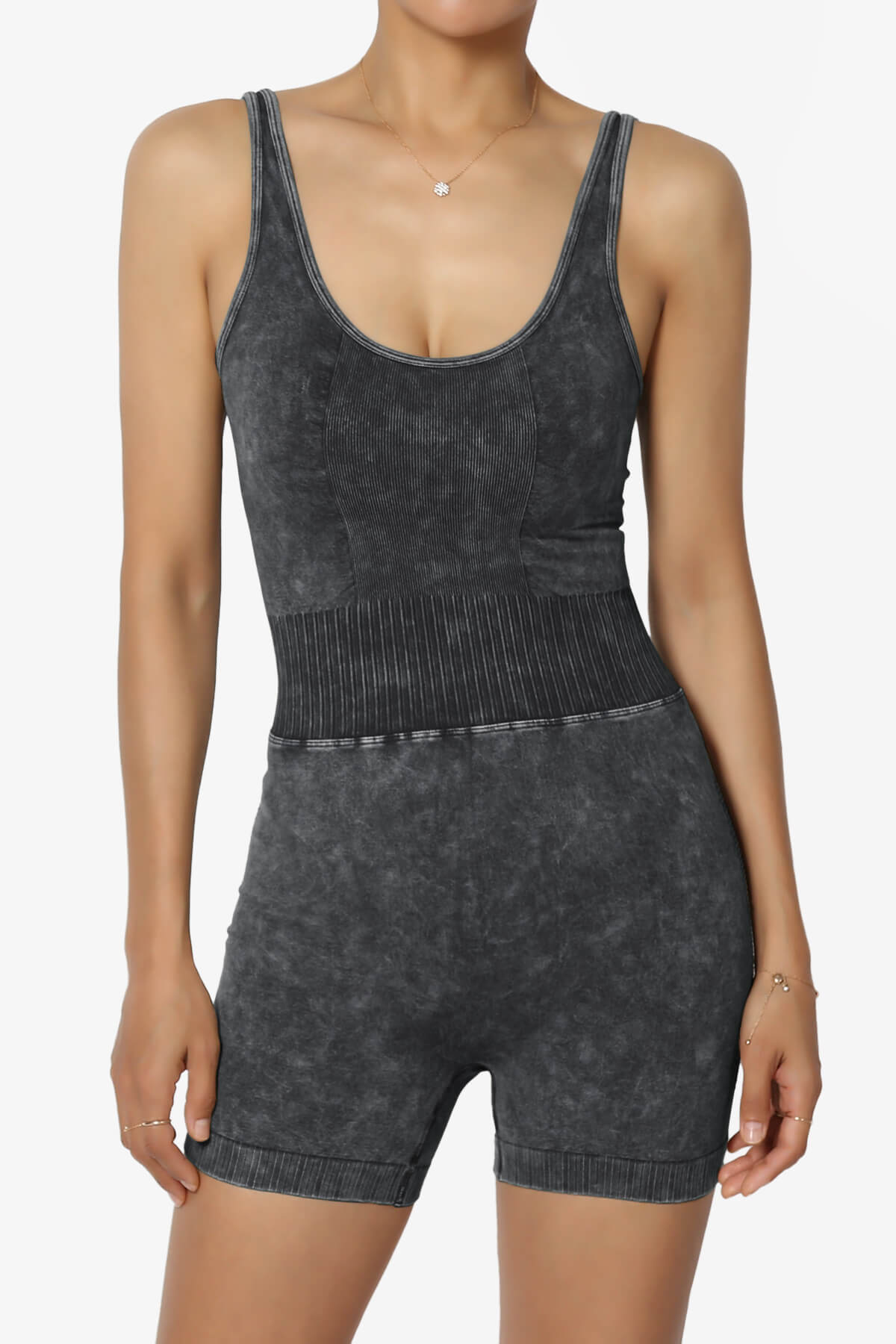 Madrid Open Back Washed Seamless Tank Romper ASH BLACK_1
