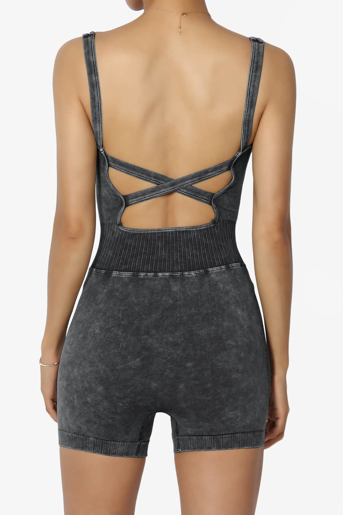 Madrid Open Back Washed Seamless Tank Romper ASH BLACK_2