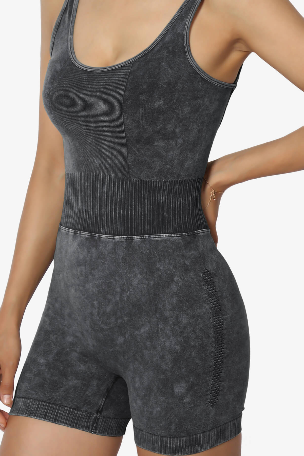 Madrid Open Back Washed Seamless Tank Romper ASH BLACK_5