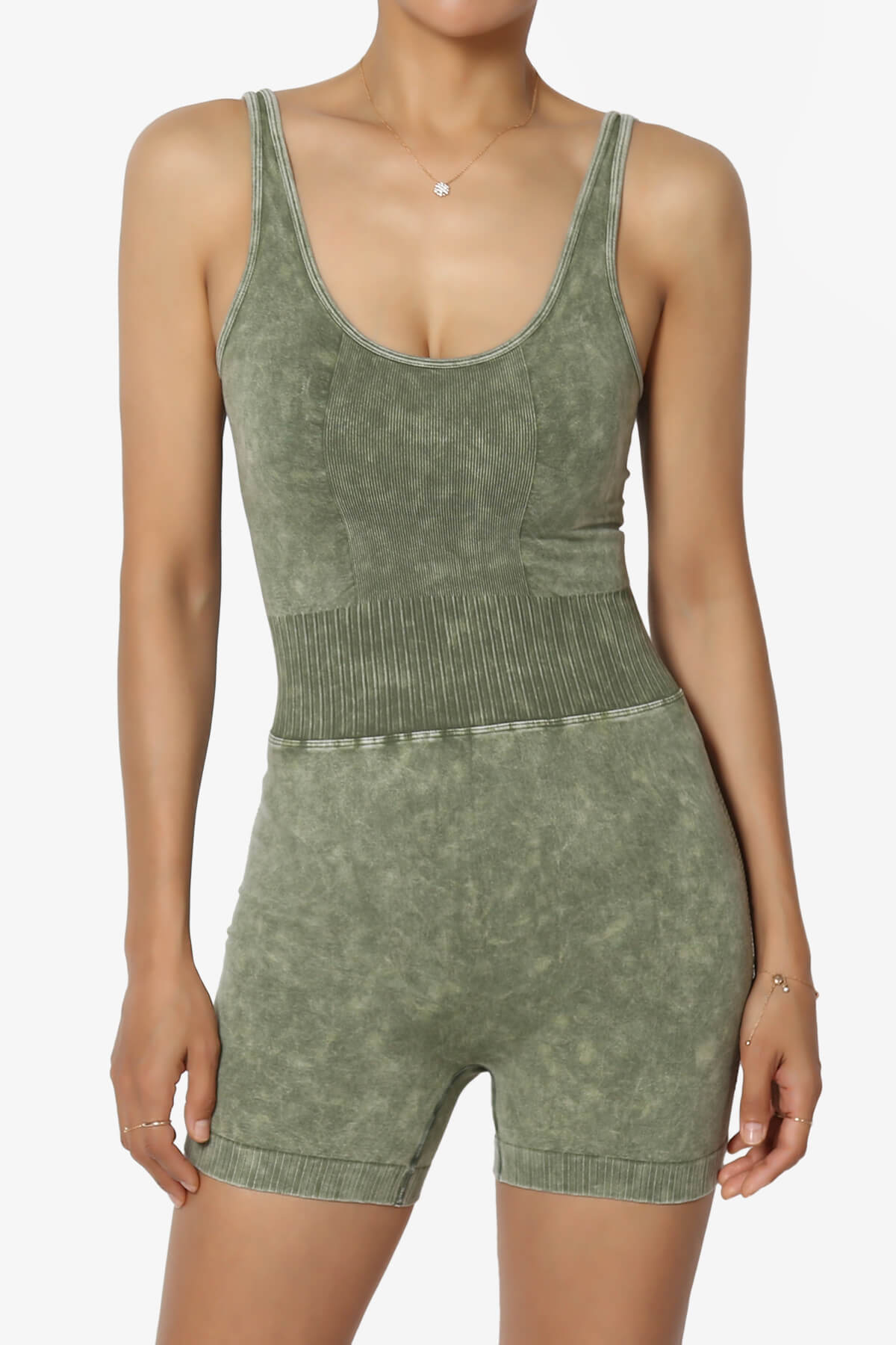 Madrid Open Back Washed Seamless Tank Romper ASH OLIVE_1