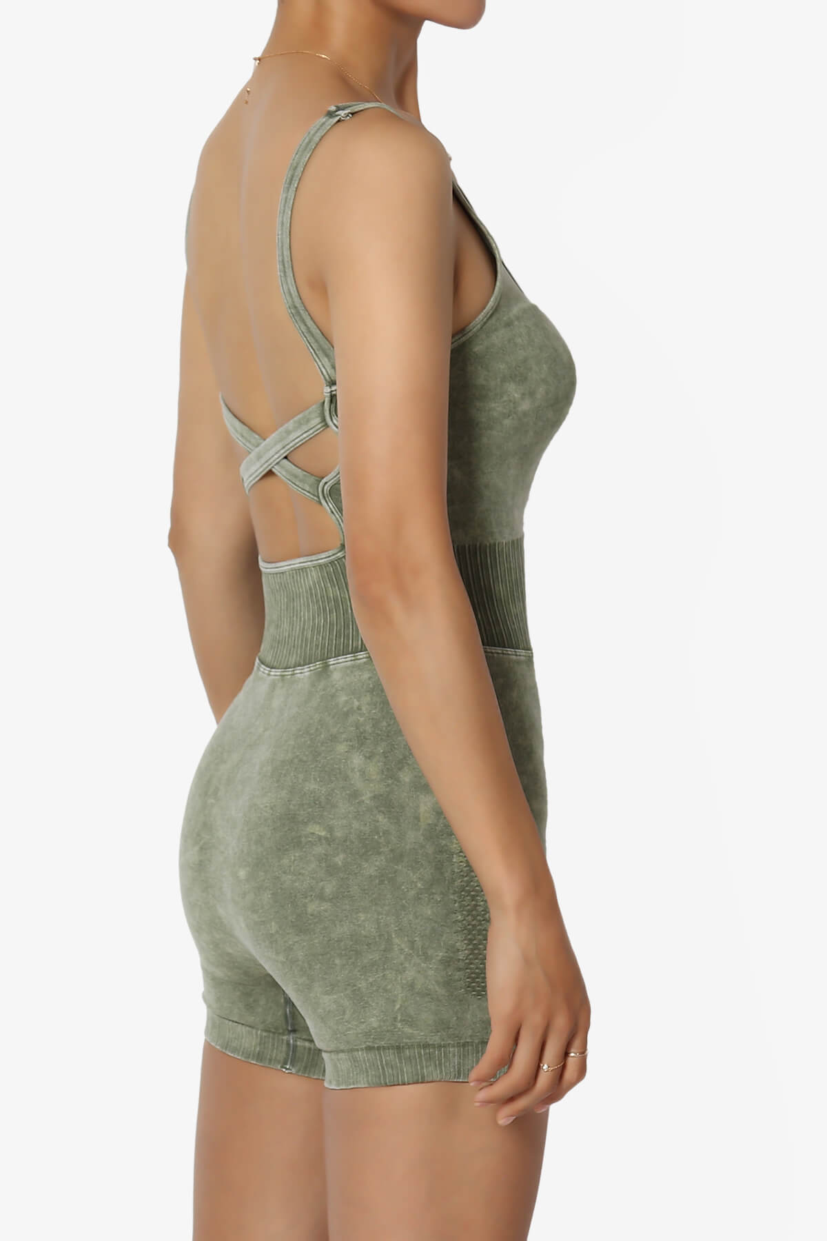 Madrid Open Back Washed Seamless Tank Romper ASH OLIVE_4