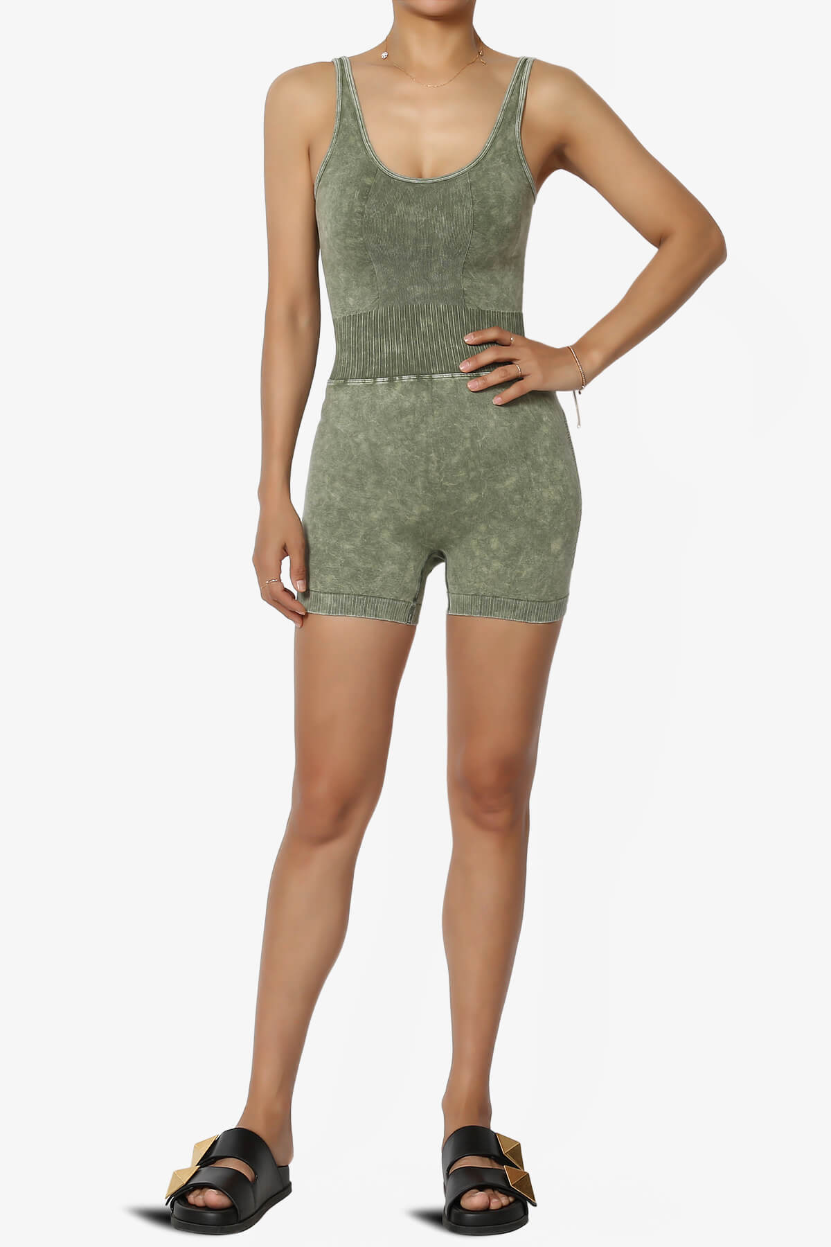 Madrid Open Back Washed Seamless Tank Romper ASH OLIVE_6