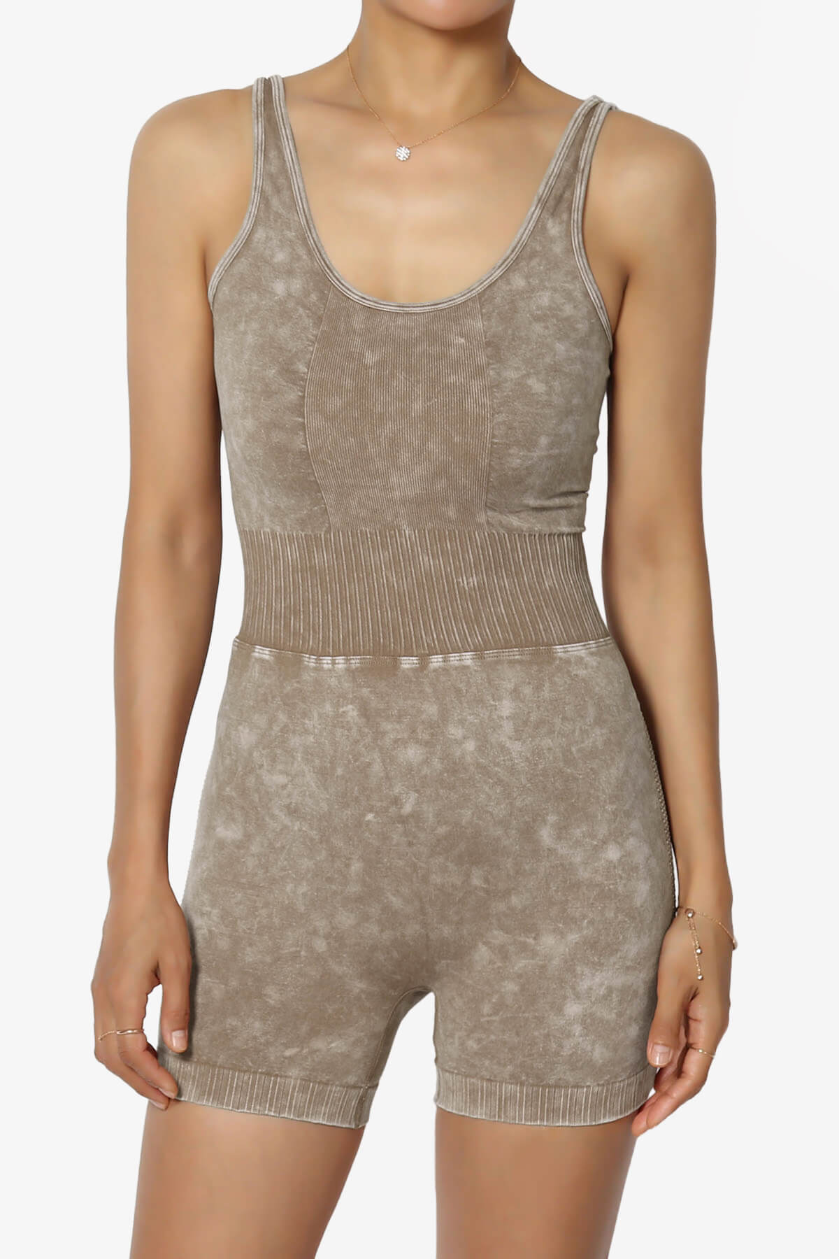 Madrid Open Back Washed Seamless Tank Romper MOCHA_1