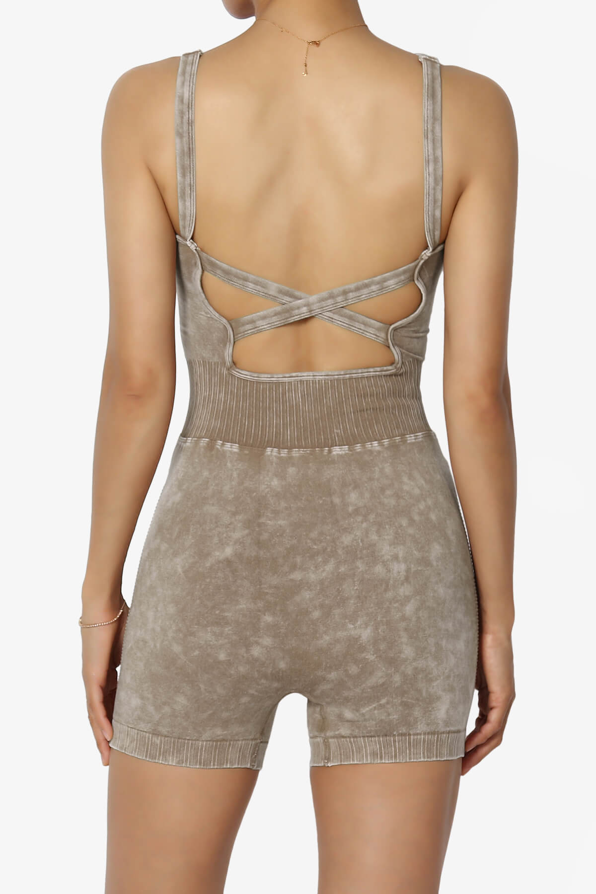 Madrid Open Back Washed Seamless Tank Romper MOCHA_2