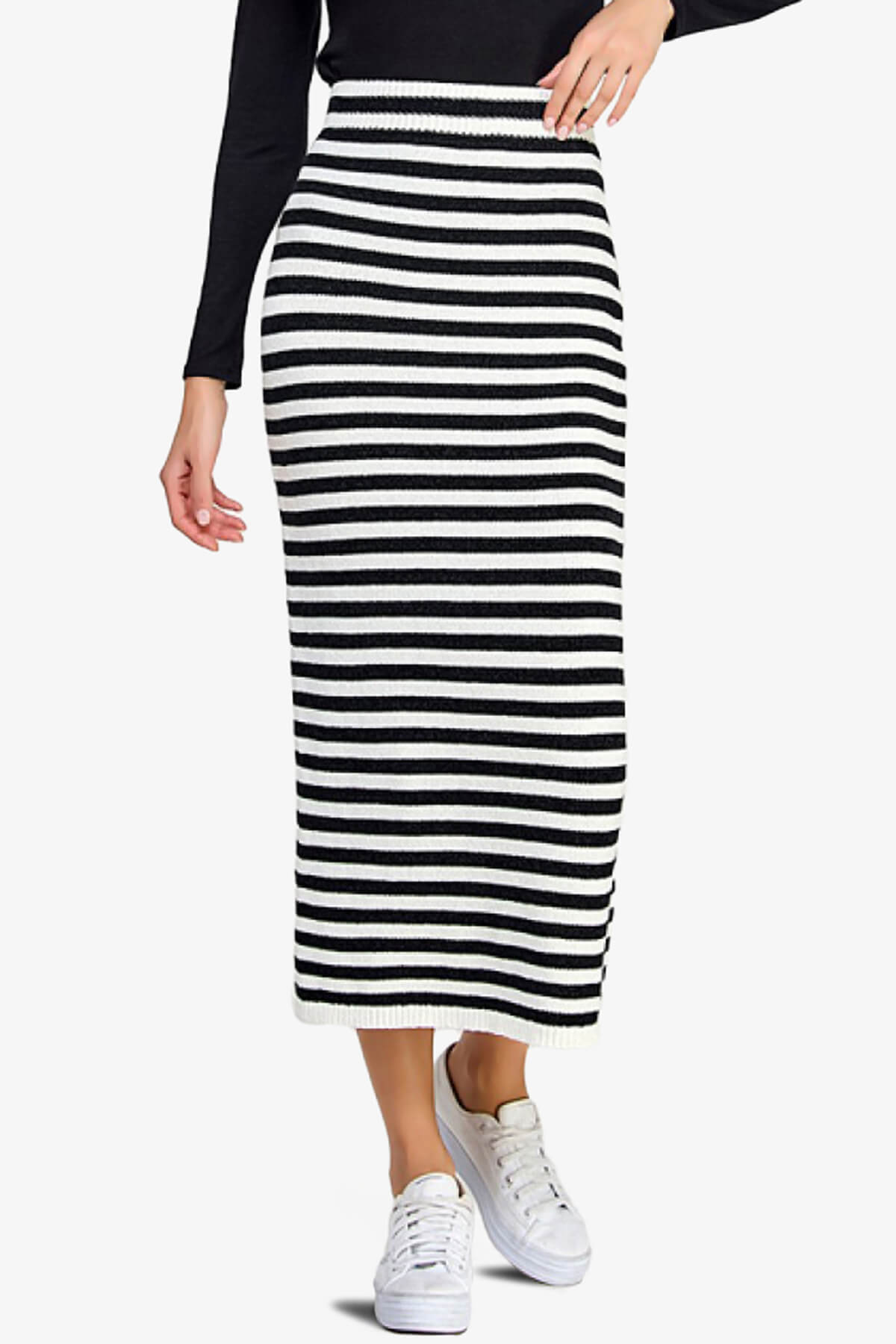 Maegan Striped Knit Sweater Midi Skirt BLACK AND WHITE_1