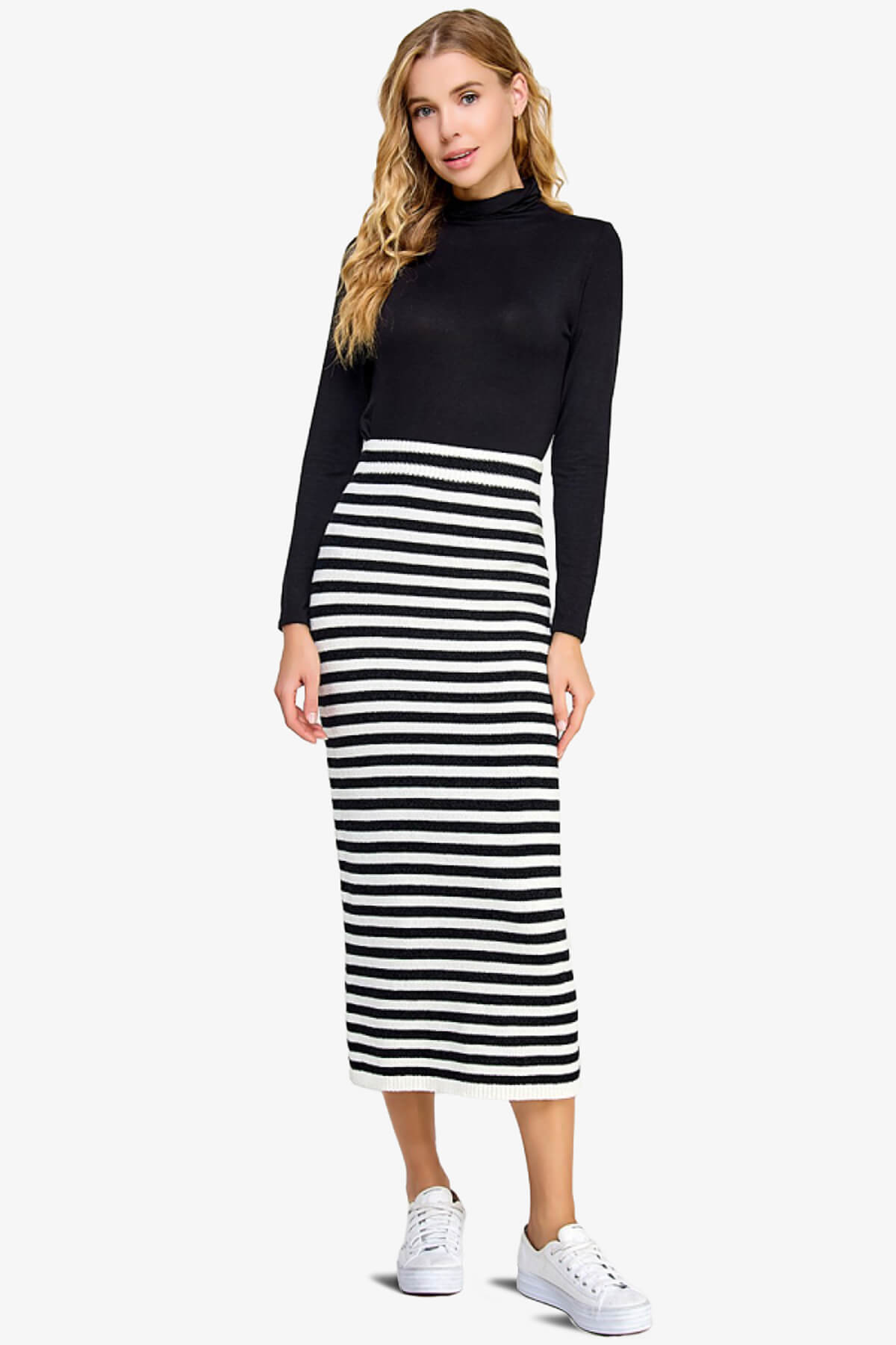 Maegan Striped Knit Sweater Midi Skirt BLACK AND WHITE_5