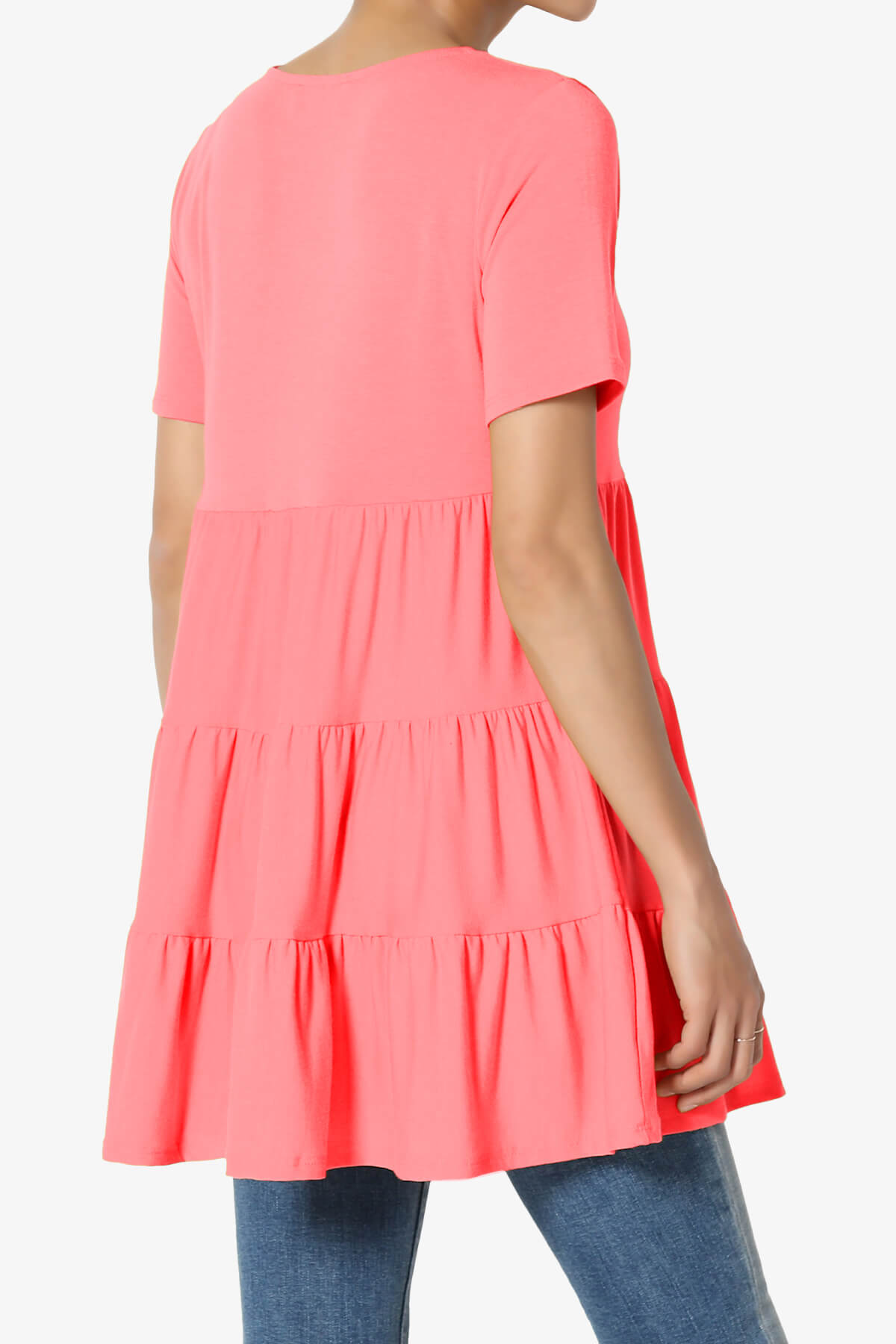Maiika Short Sleeve Tiered Ruffle Tunic NEON CORAL PINK_4