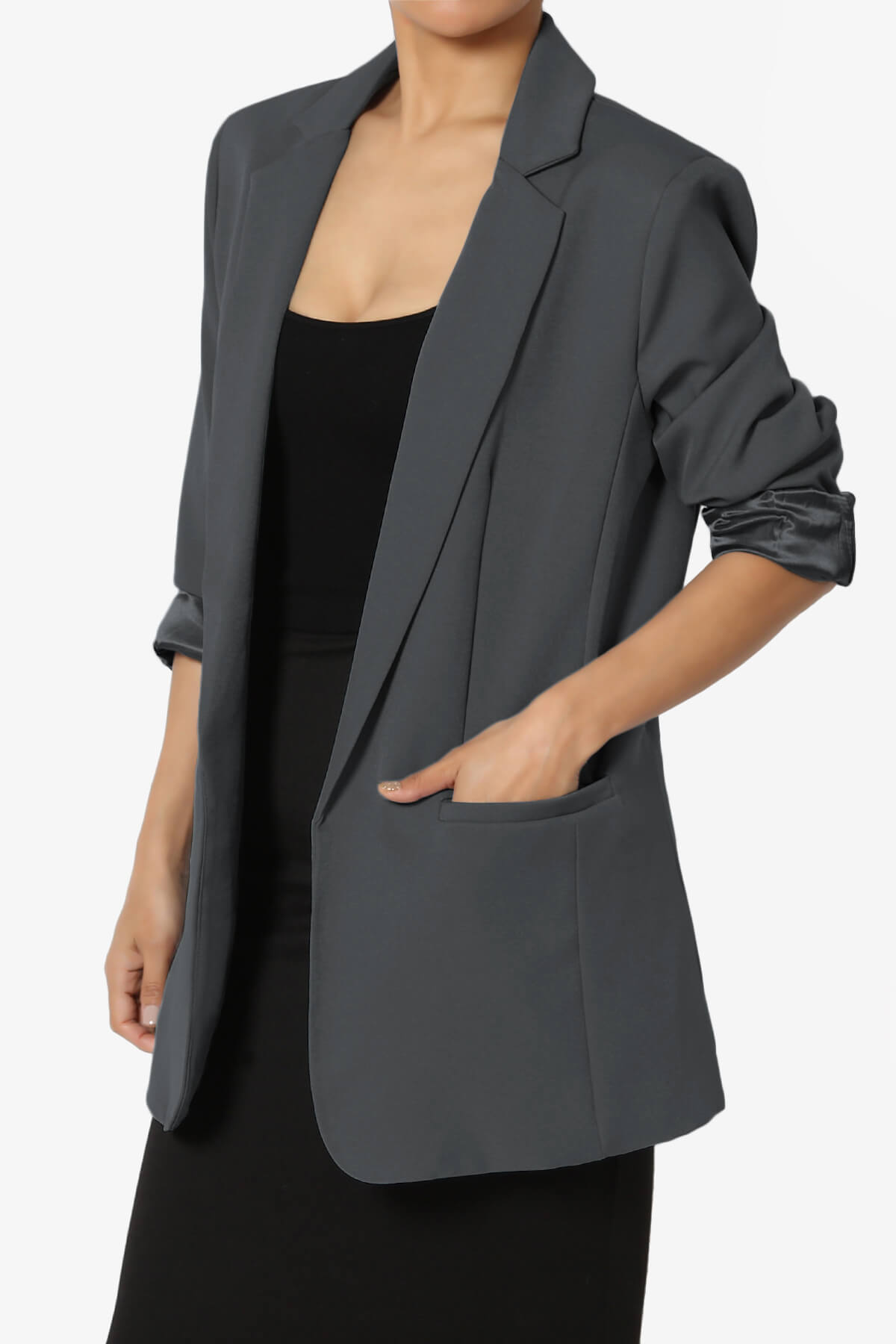 Malory Cuffed Sleeve Open Front Blazer ASH GREY_3