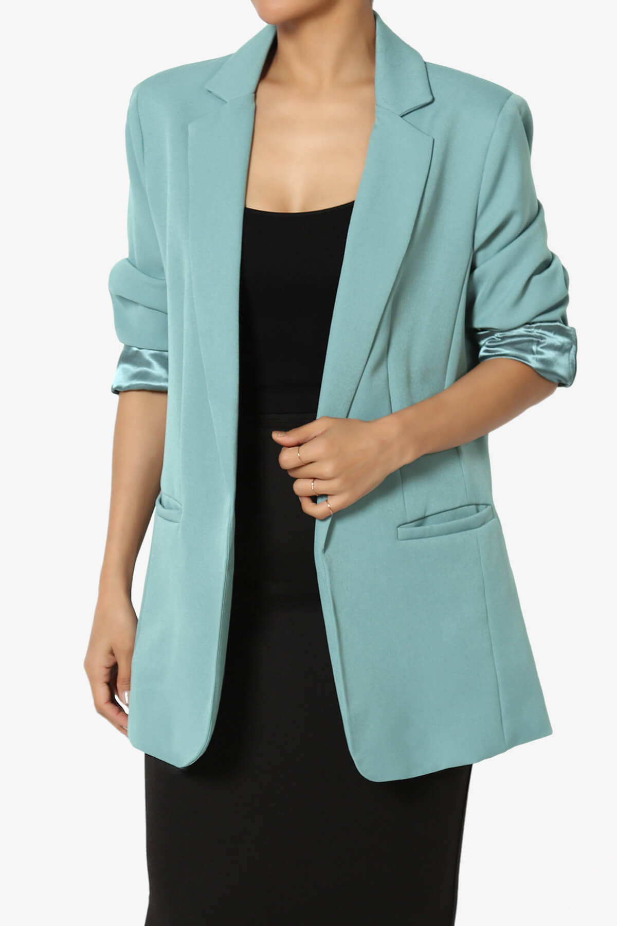 Malory Cuffed Sleeve Open Front Blazer DUSTY TEAL_1