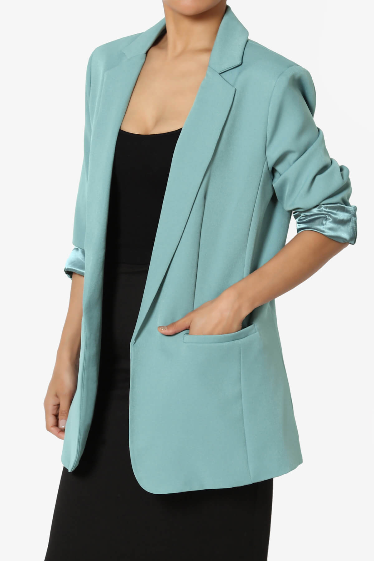 Malory Cuffed Sleeve Open Front Blazer DUSTY TEAL_3