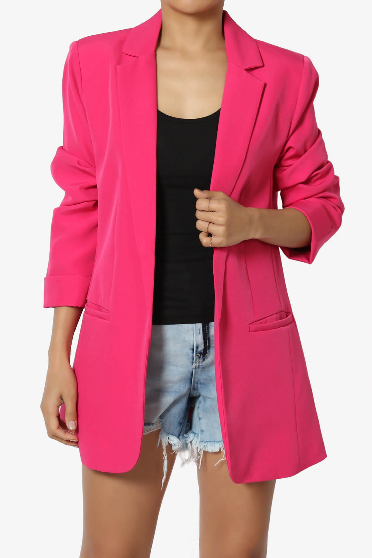 Malory Cuffed Sleeve Open Front Blazer HOT PINK_1