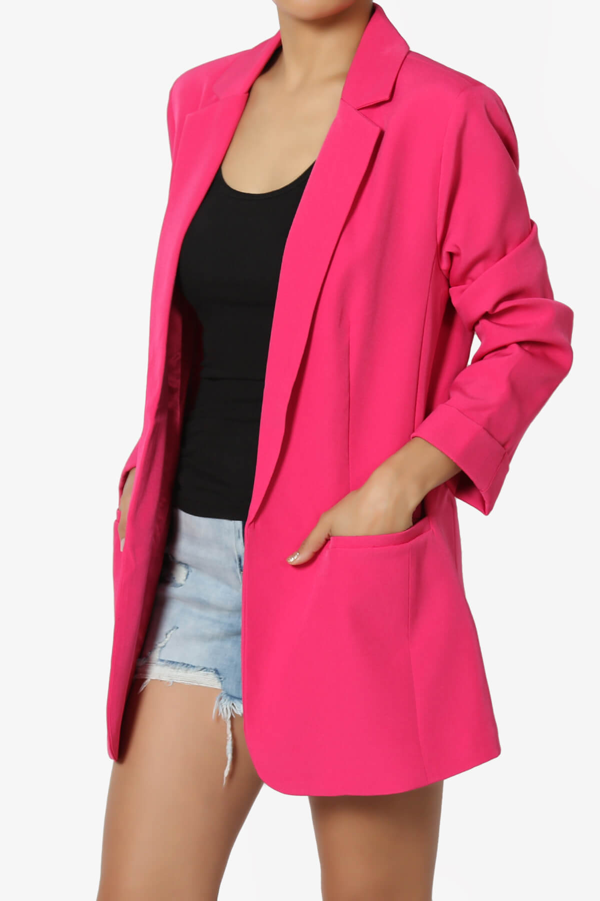 Malory Cuffed Sleeve Open Front Blazer HOT PINK_3