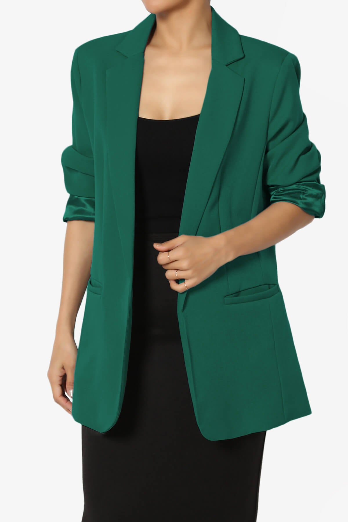 Malory Cuffed Sleeve Open Front Blazer HUNTER GREEN_1