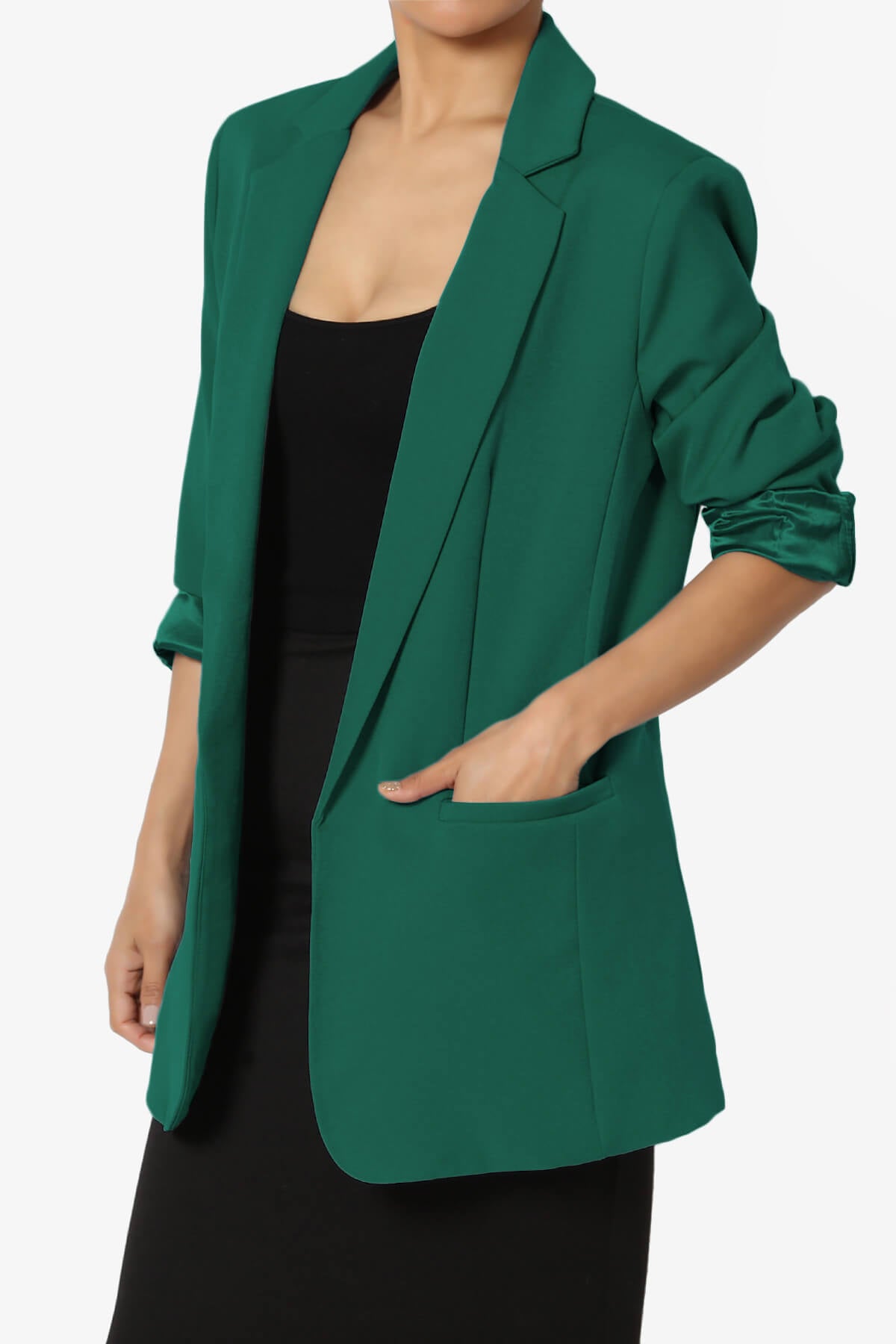 Malory Cuffed Sleeve Open Front Blazer HUNTER GREEN_3