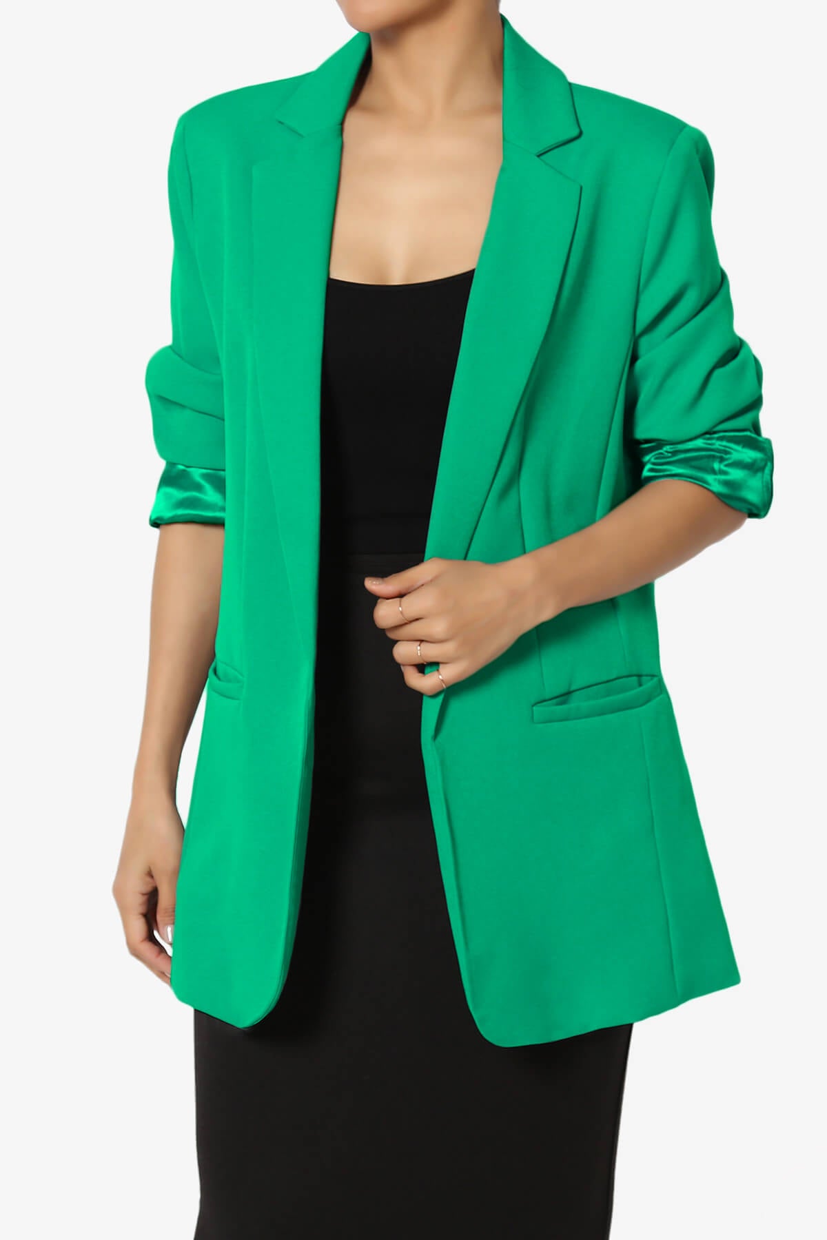 Malory Cuffed Sleeve Open Front Blazer KELLY GREEN_1