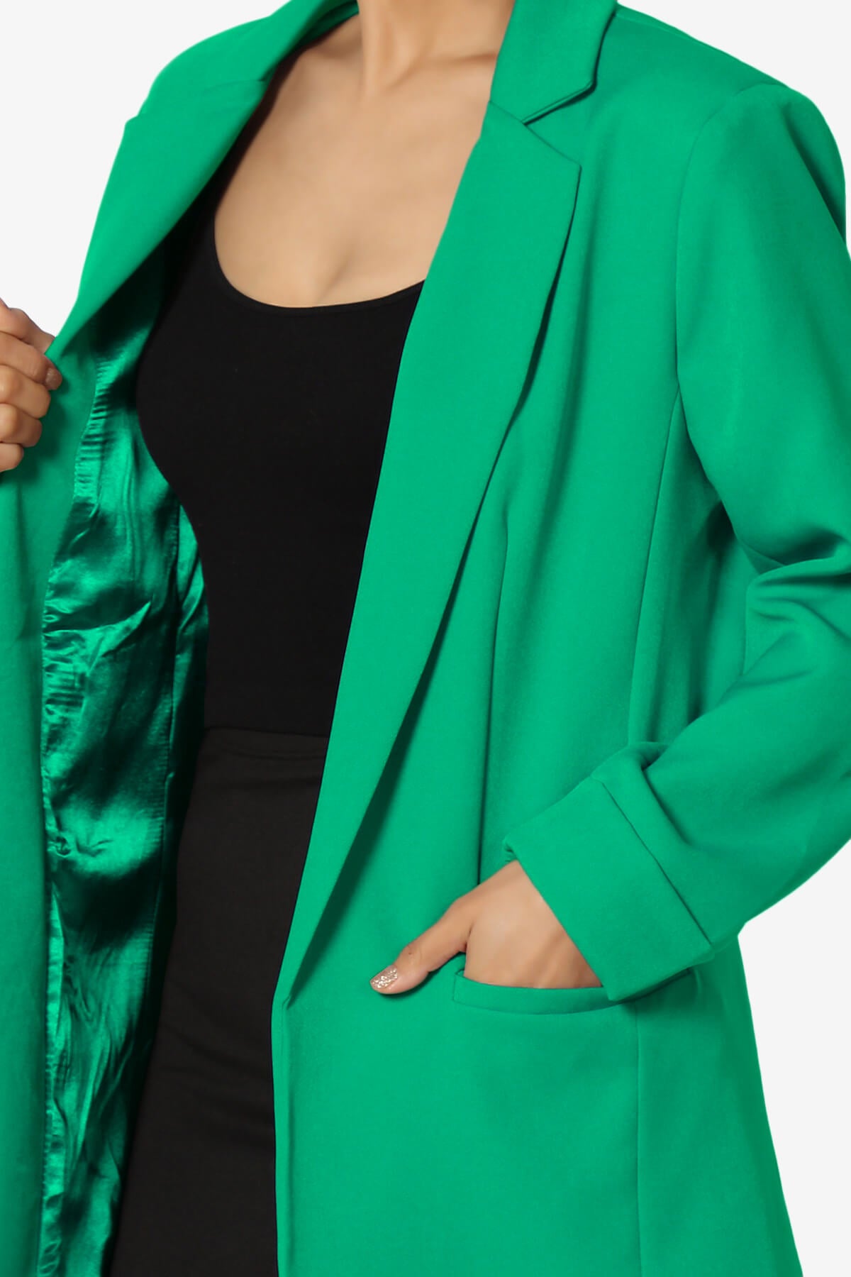Malory Cuffed Sleeve Open Front Blazer KELLY GREEN_5