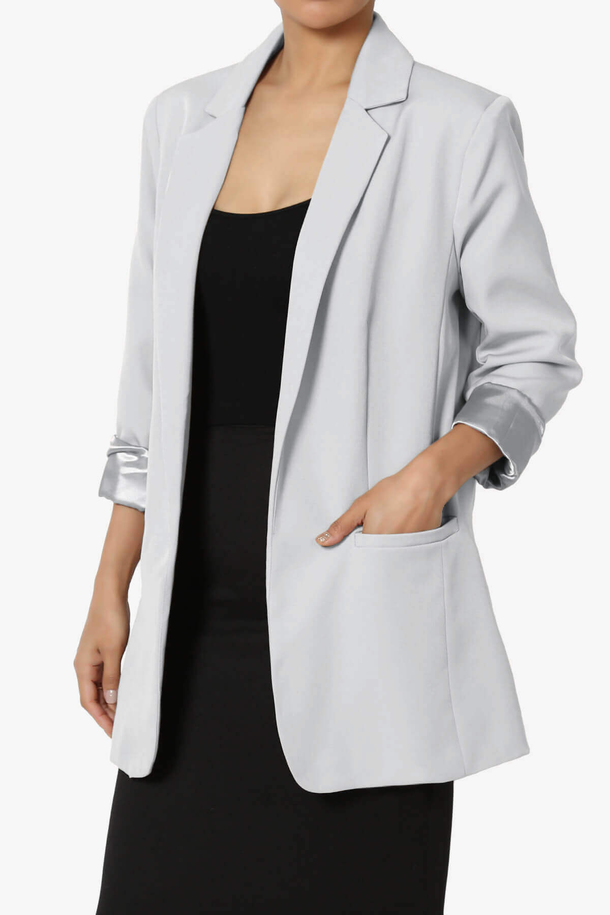Malory Cuffed Sleeve Open Front Blazer LIGHT GREY_3