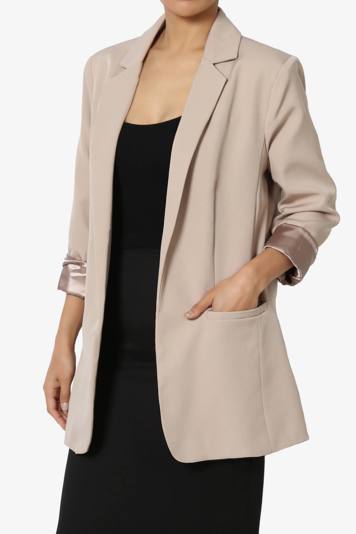 Malory Cuffed Sleeve Open Front Blazer LIGHT MOCHA_3