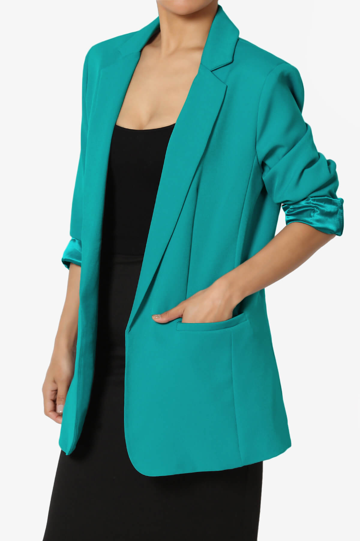 Malory Cuffed Sleeve Open Front Blazer LT TEAL_3