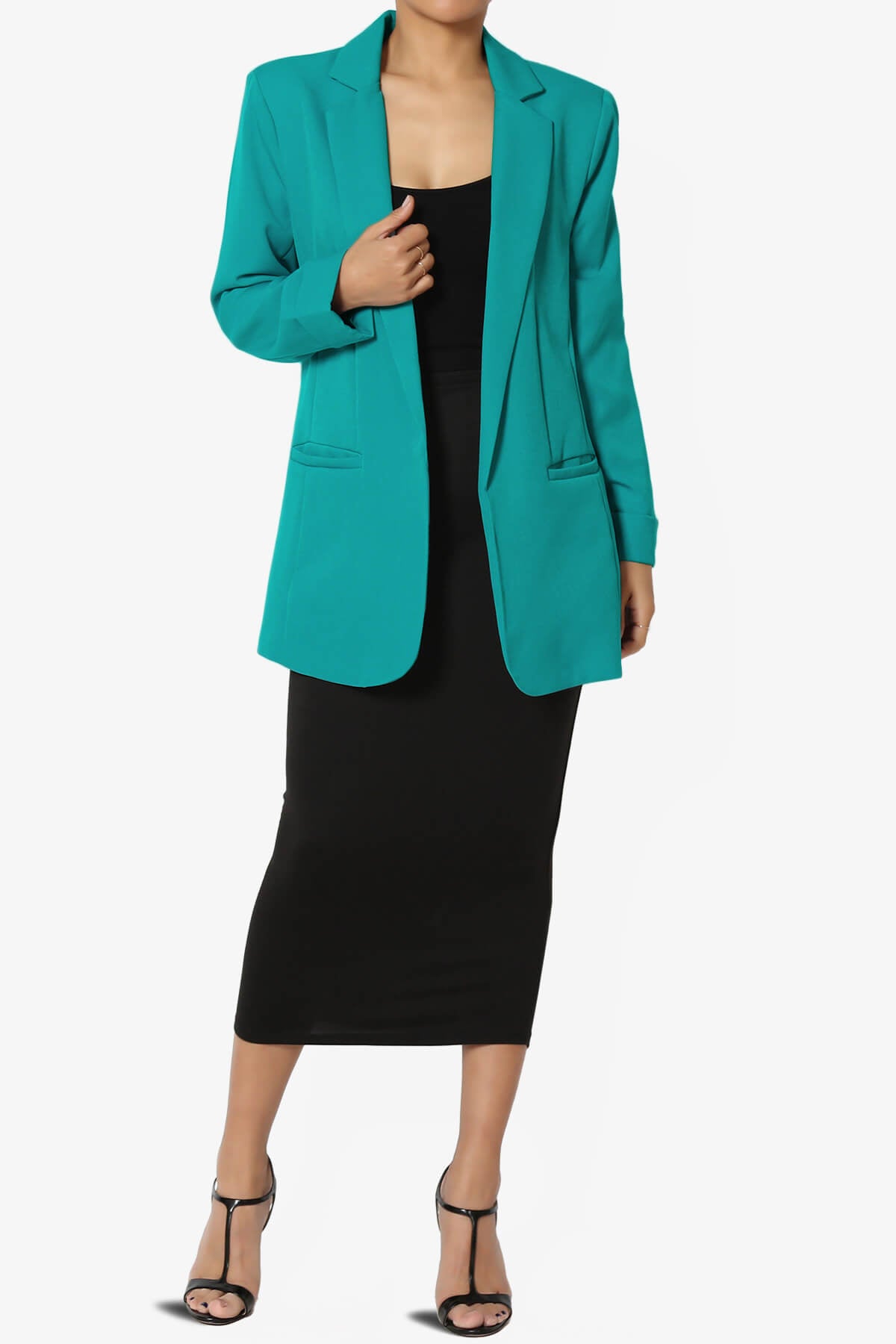 Malory Cuffed Sleeve Open Front Blazer LT TEAL_6