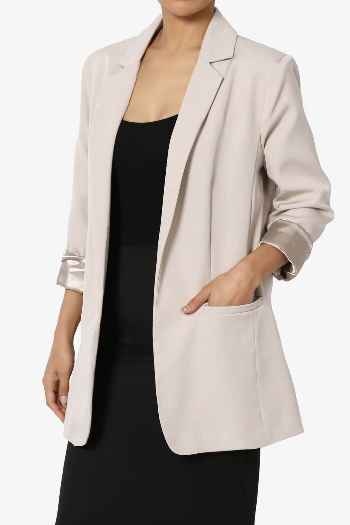 Malory Cuffed Sleeve Open Front Blazer SAND BEIGE_3