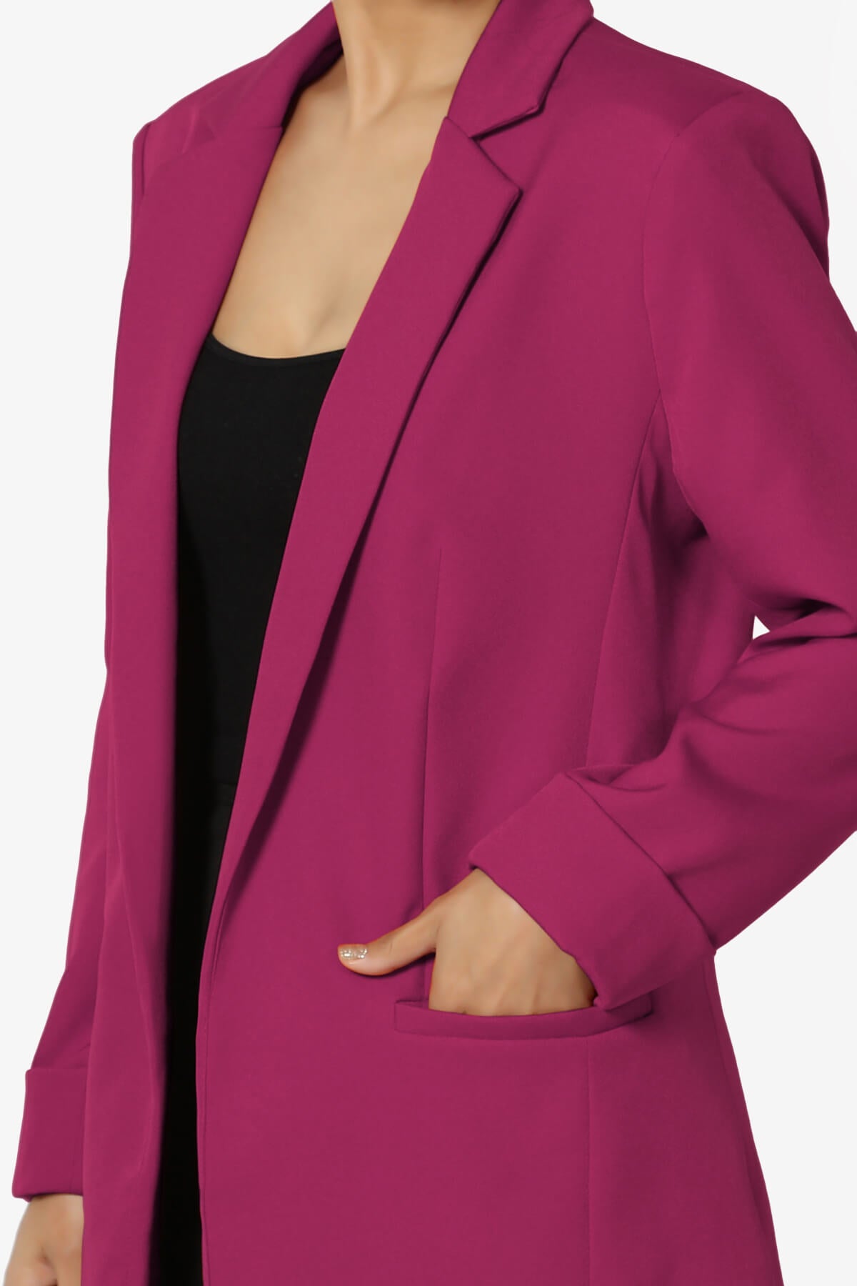Malory Cuffed Sleeve Open Front Blazer WINE_5