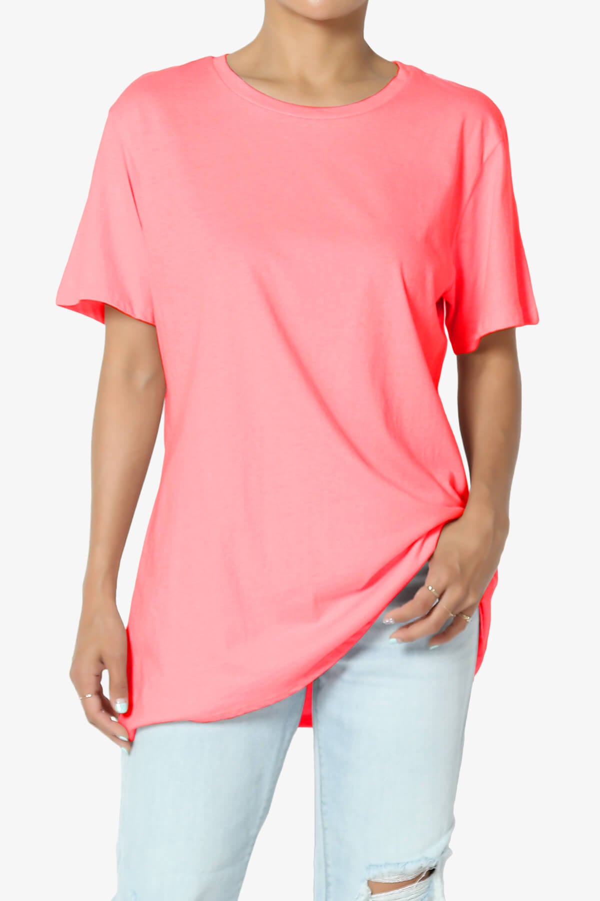 Mayra O Neck Cotton Boyfriend Tee NEON CORAL PINK_1