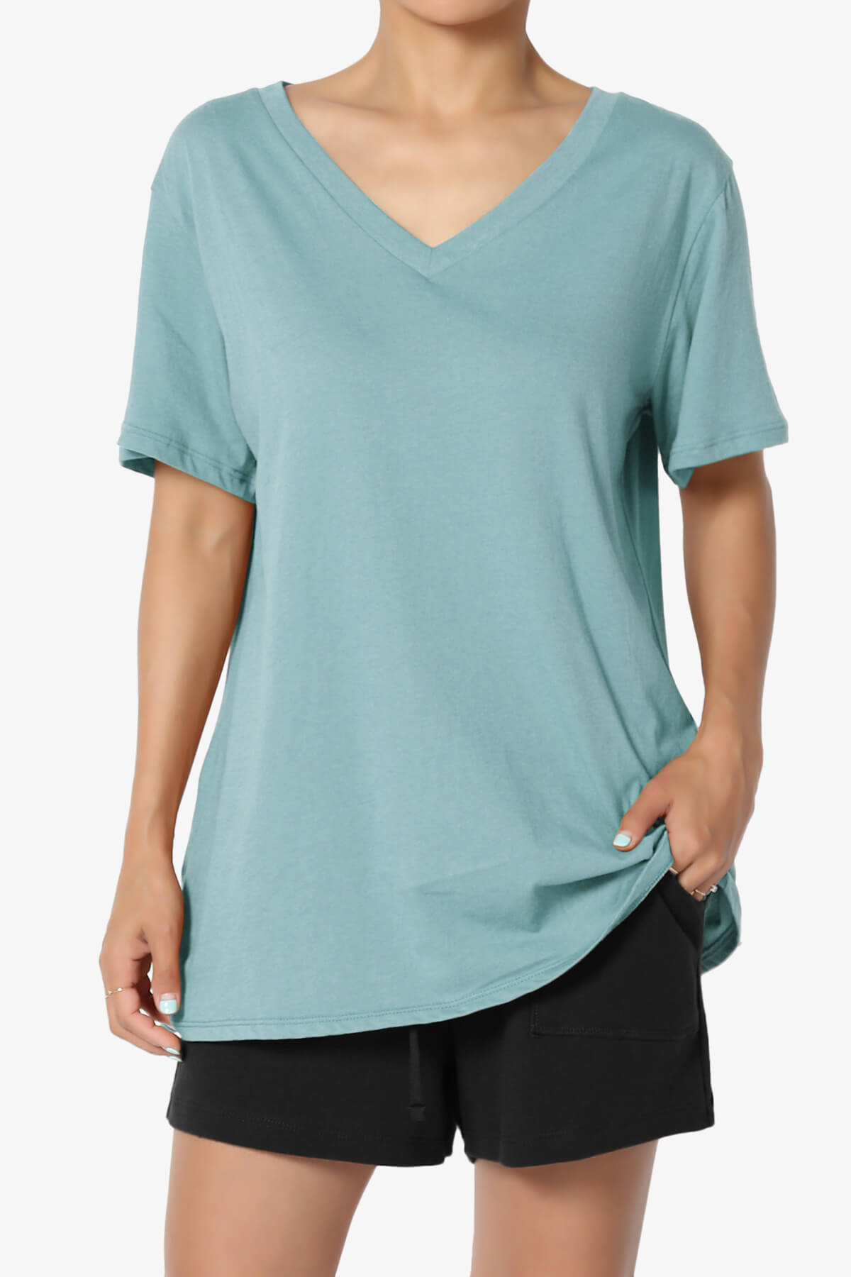 Load image into Gallery viewer, Mayra V-Neck Cotton Boyfriend Tee DUSTY BLUE_1
