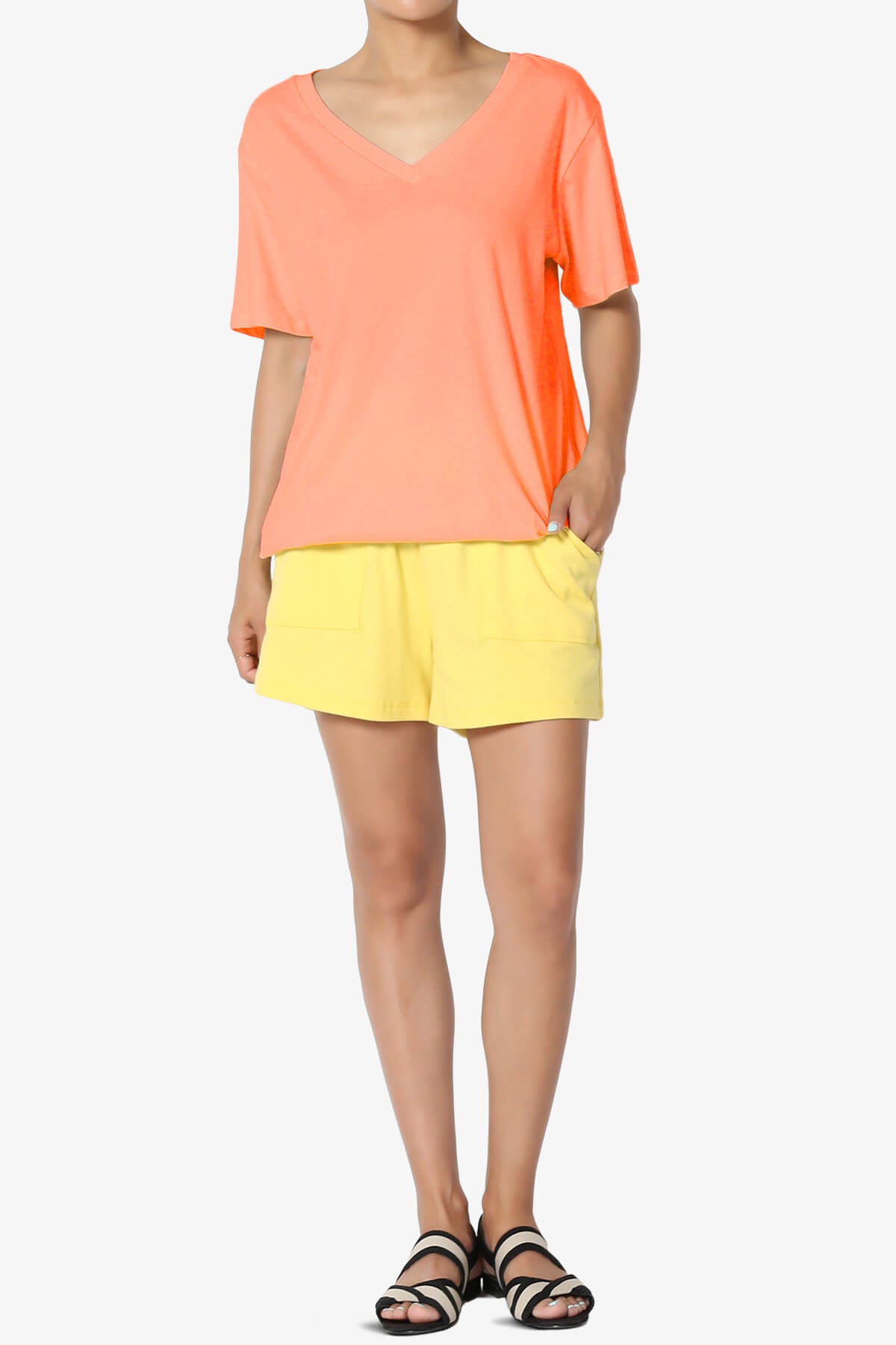 Load image into Gallery viewer, Mayra V-Neck Cotton Boyfriend Tee NEON CORAL_6
