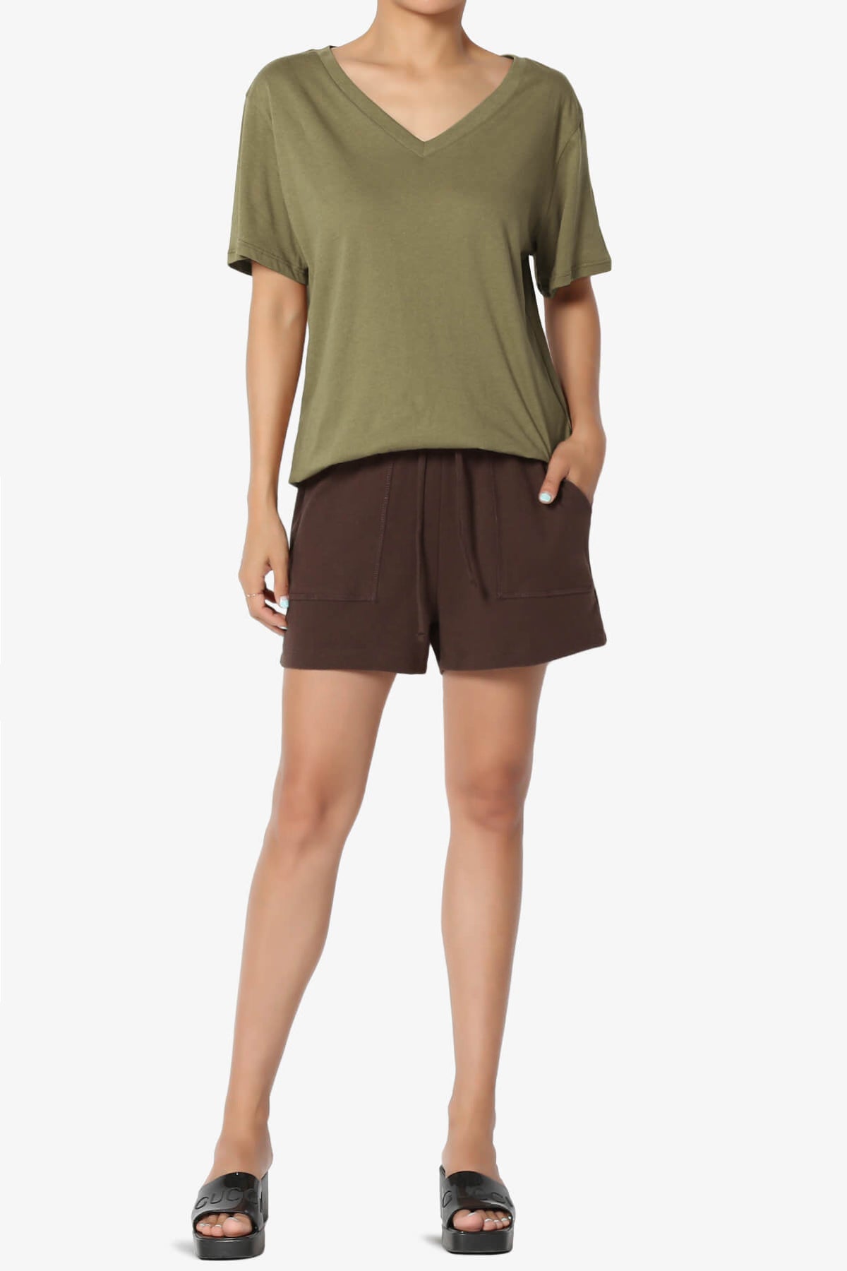 Load image into Gallery viewer, Mayra V-Neck Cotton Boyfriend Tee OLIVE KHAKI_6
