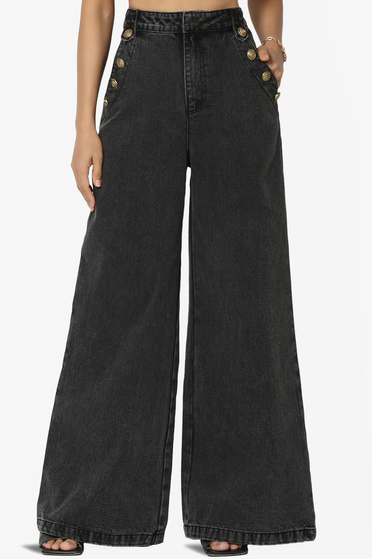 Memento Button Detail High Waist Wide Leg Jeans BLACK_1