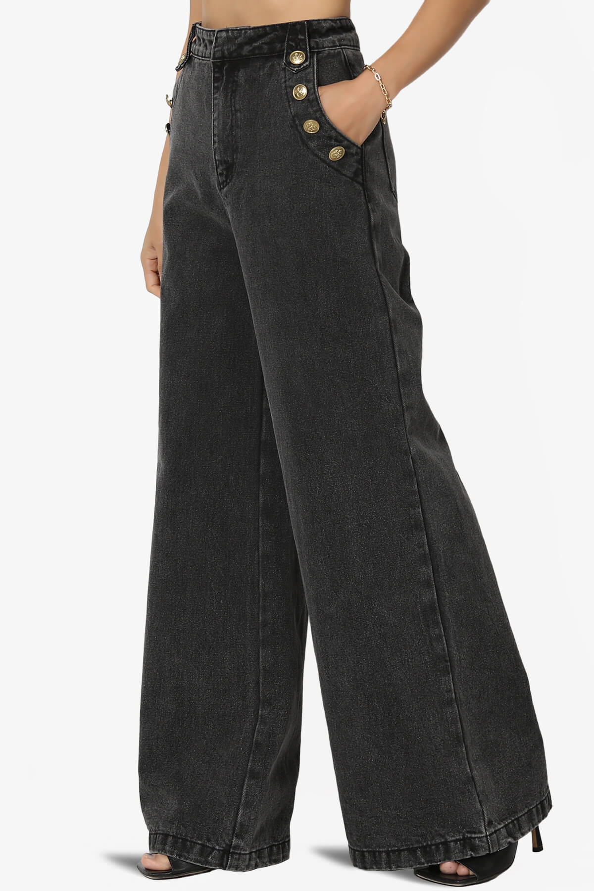 Memento Button Detail High Waist Wide Leg Jeans BLACK_3