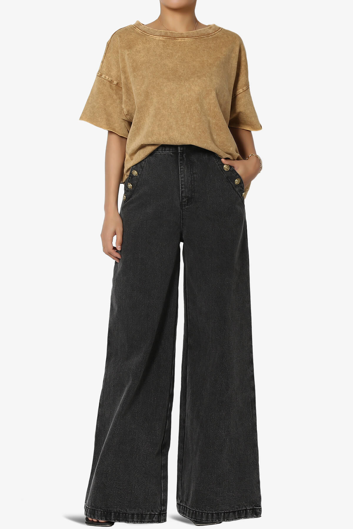 Memento Button Detail High Waist Wide Leg Jeans BLACK_6