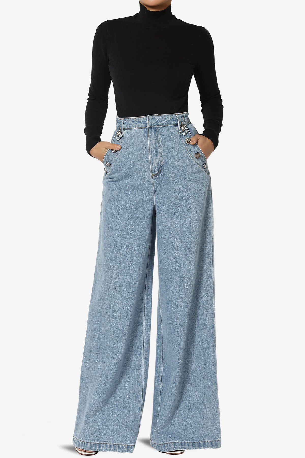 Memento Button Detail High Waist Wide Leg Jeans DENIM_6