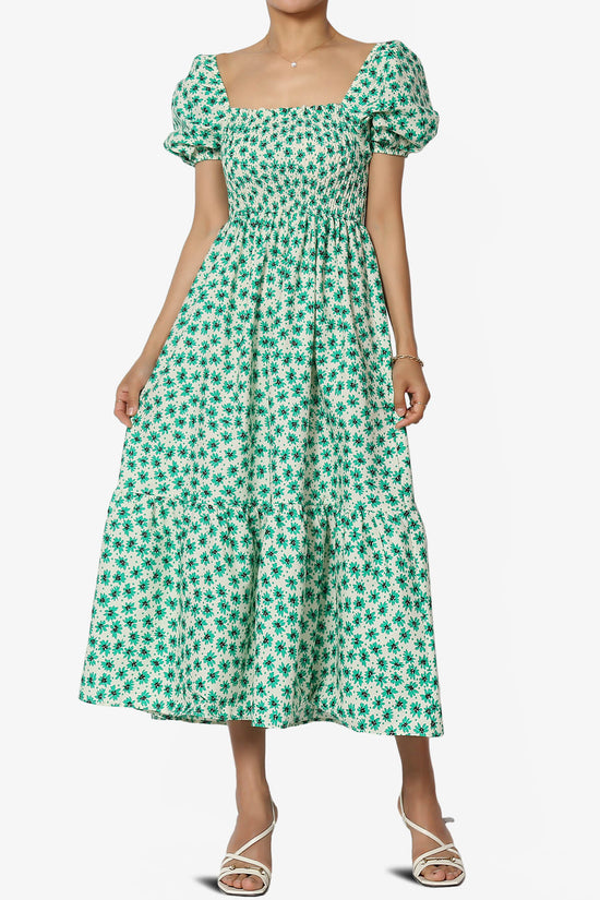 Meme Puff Sleeve Smocked Tiered Midi Dress KELLY GREEN_1