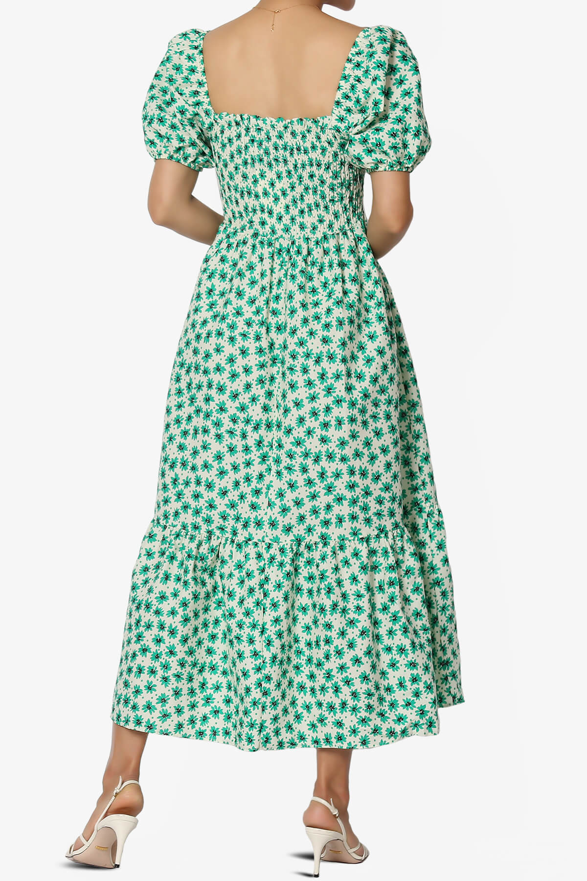 Meme Puff Sleeve Smocked Tiered Midi Dress KELLY GREEN_2