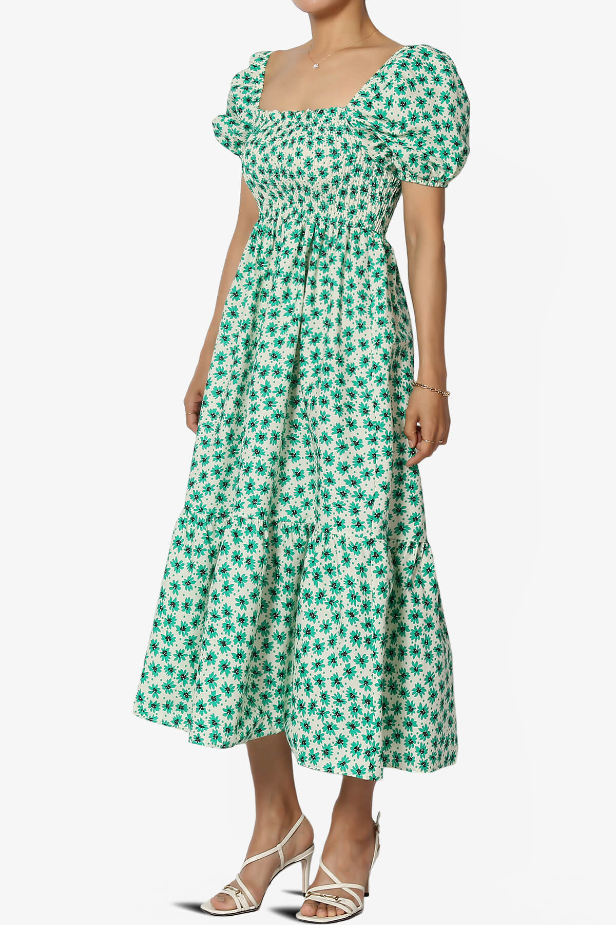 Meme Puff Sleeve Smocked Tiered Midi Dress KELLY GREEN_3