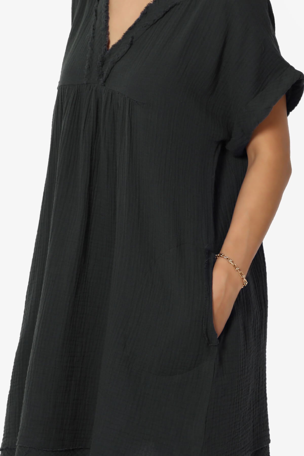 Milly Gauze V-Neck Babydoll Shift Mini Dress BLACK_5