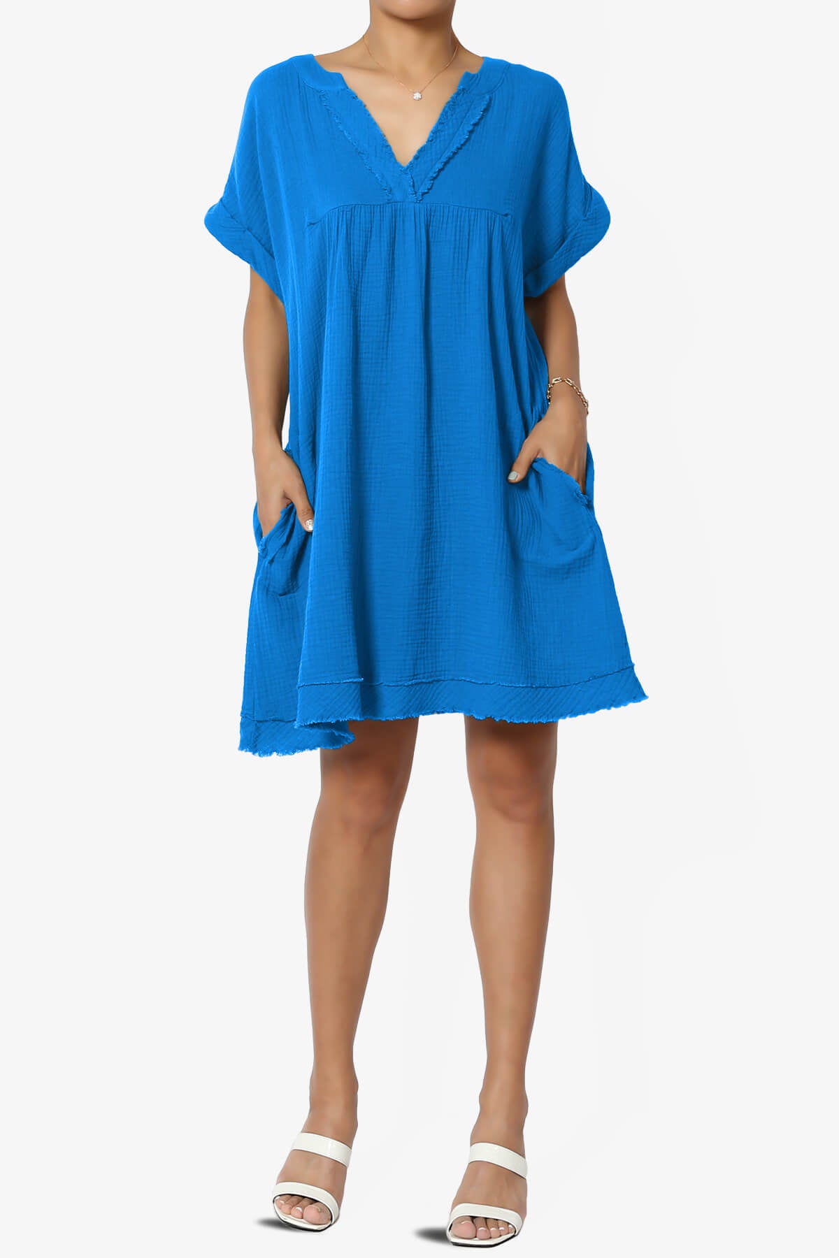 Milly Gauze V-Neck Babydoll Shift Mini Dress OCEAN BLUE_6