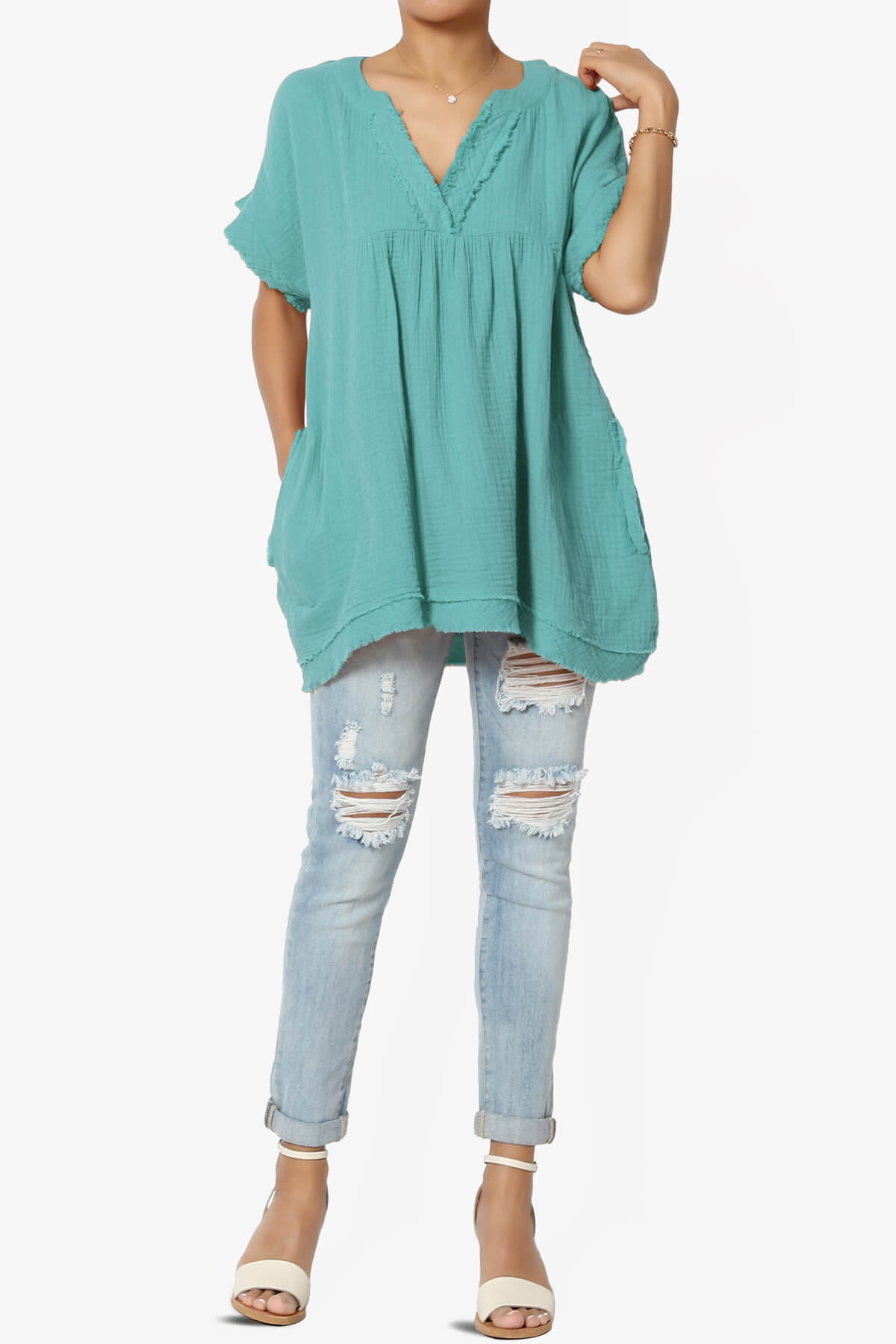Load image into Gallery viewer, Milly Gauze V-Neck Babydoll Shirt Tunic DUSTY TEAL_6
