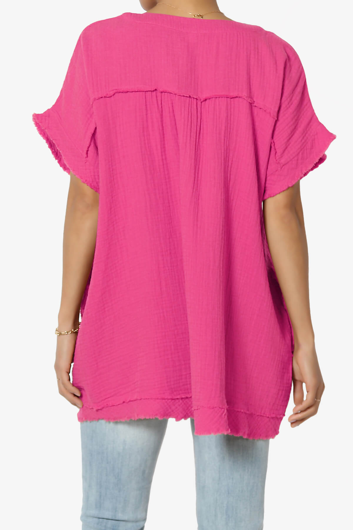 Load image into Gallery viewer, Milly Gauze V-Neck Babydoll Shirt Tunic HOT PINK_2
